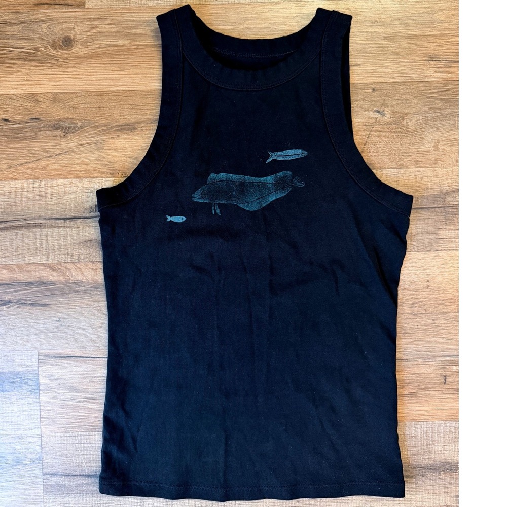 Unique Hand Stamped Silly Fish Black Tank XS Boho Coastal